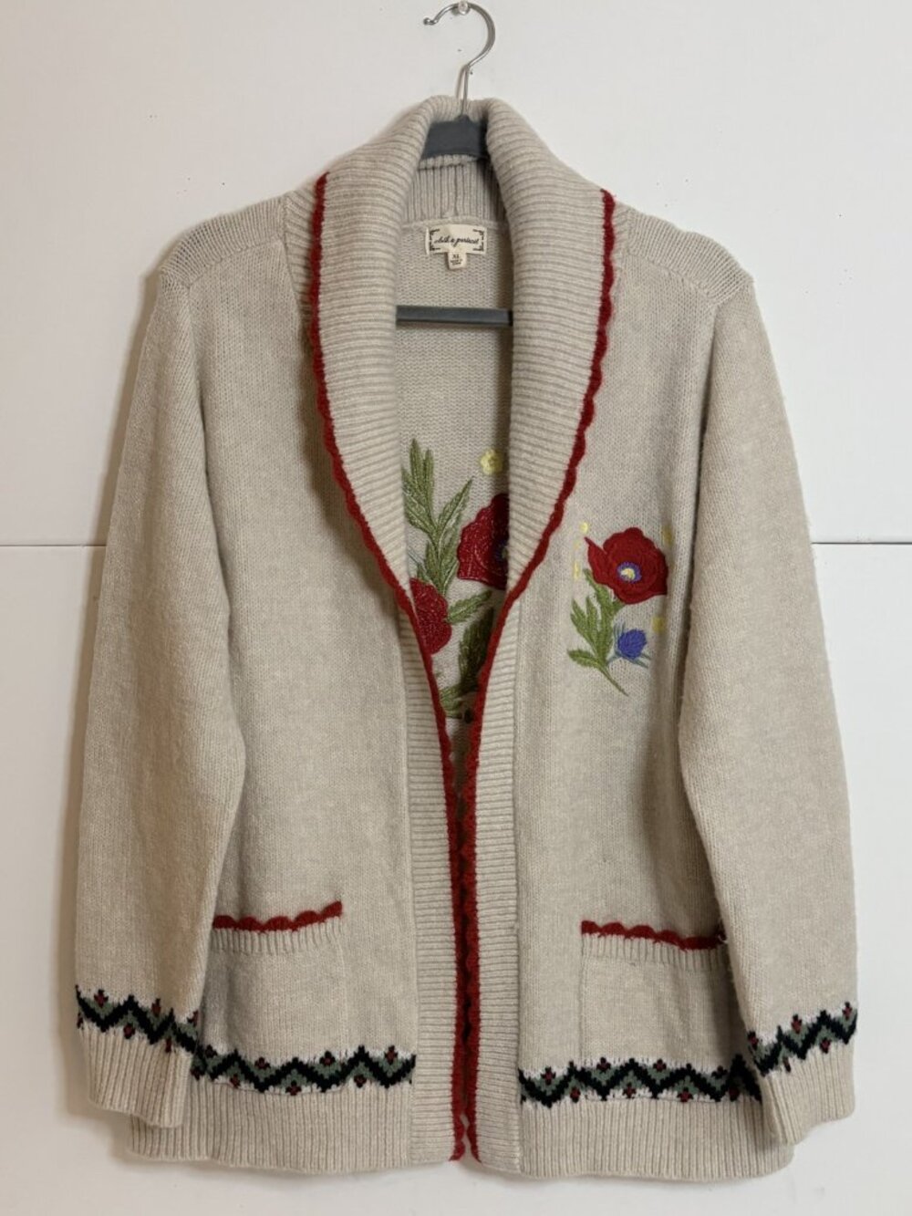 Cloth & Portrait Women's Ivory Floral Embroidered Open Front Cardigan Size XL